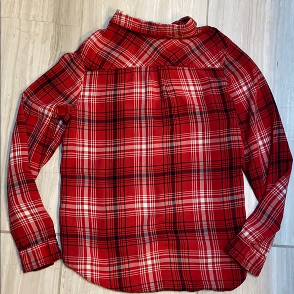 Plaid Dressy Rayon Soft Red Flannel-Look Button Down Button Front Shirt Blouse - Picture 8 of 11